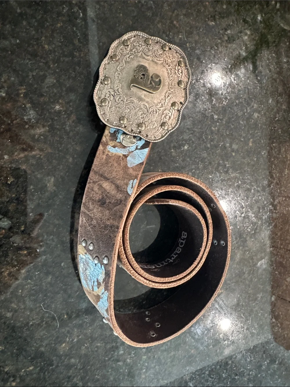 Brown Leather Belt with Ornate Silver-Tone Buckle